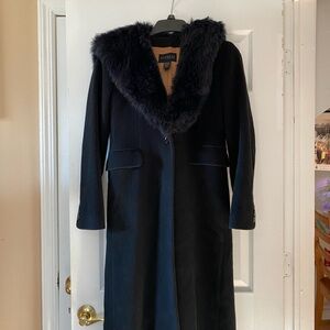 VTG 90’s Express Black Wool Maxi Coat Faux Fur Hooded Hood Goth Gothic